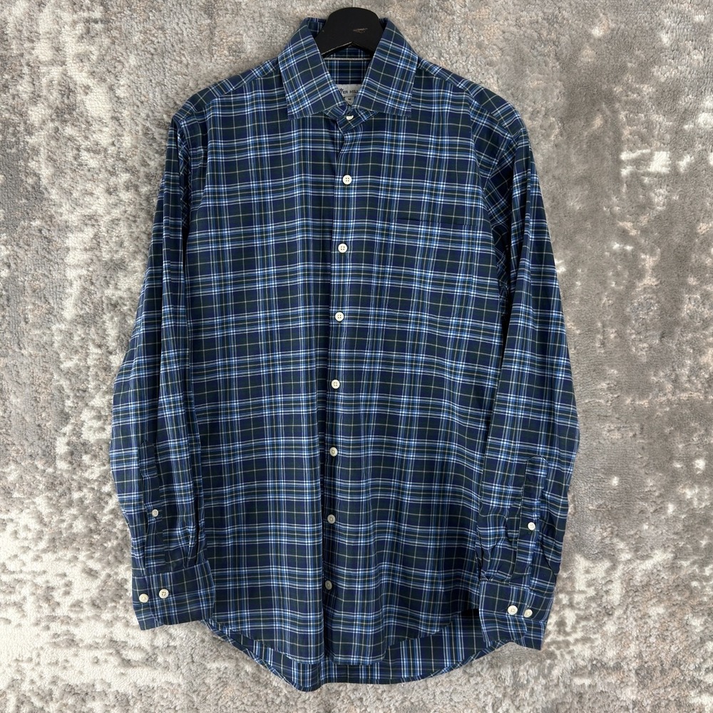 Peter Millar‎ Size M Plaid Casual Button T Shirt Blue Long Sleeve Collar Cotton